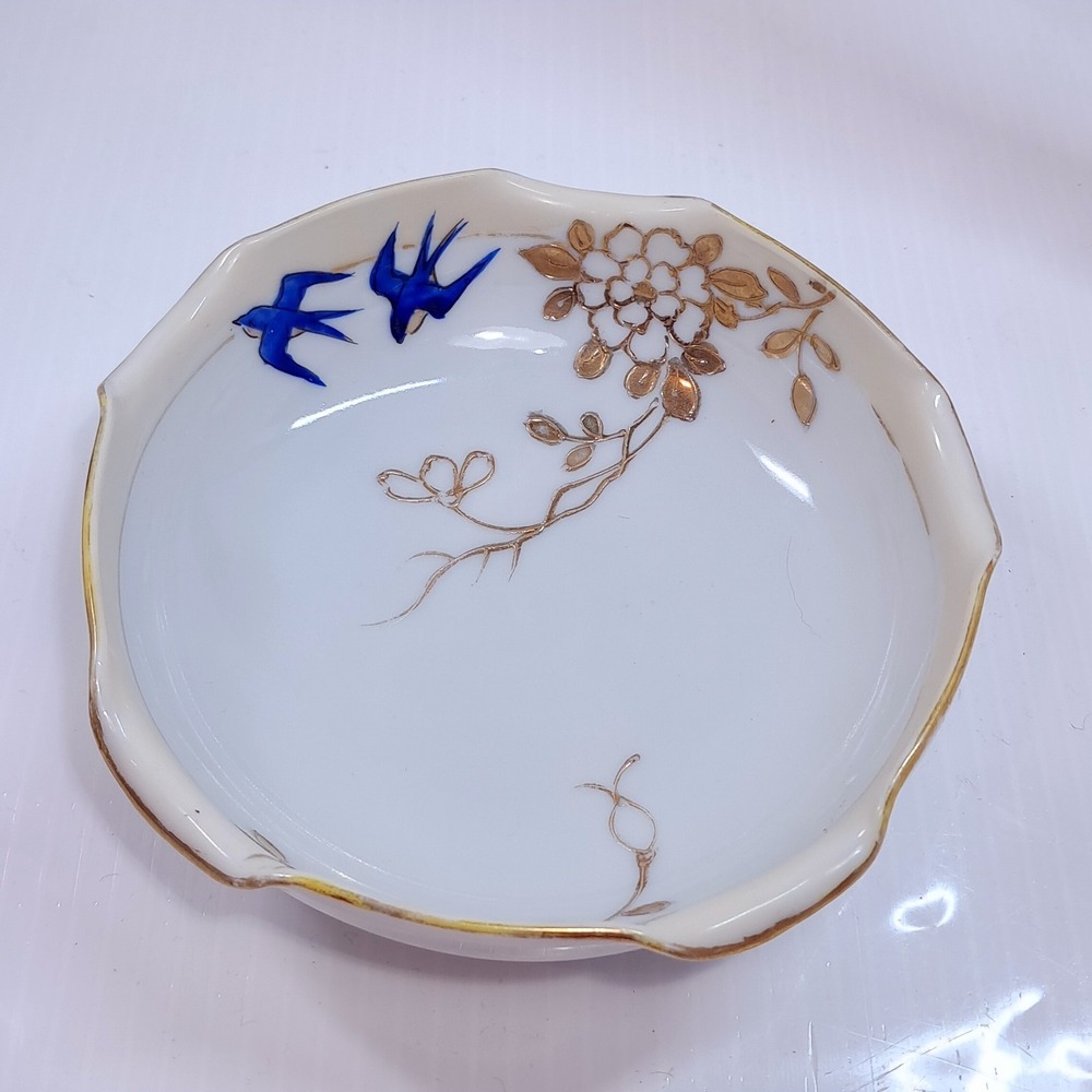 Elite B Nippon bowl blue birds swallows trinket dish gold floral hand painted